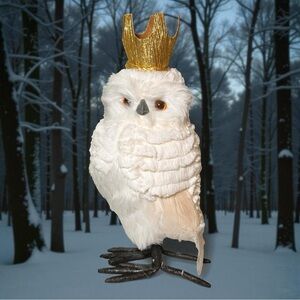Decorative Feathered Snowy Owl w/ Gold Crown (Approx 14.5” Tall)